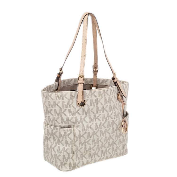 Pre Owned MICHAEL Michael Kors Beige Coated Canvas Jet Set Tote