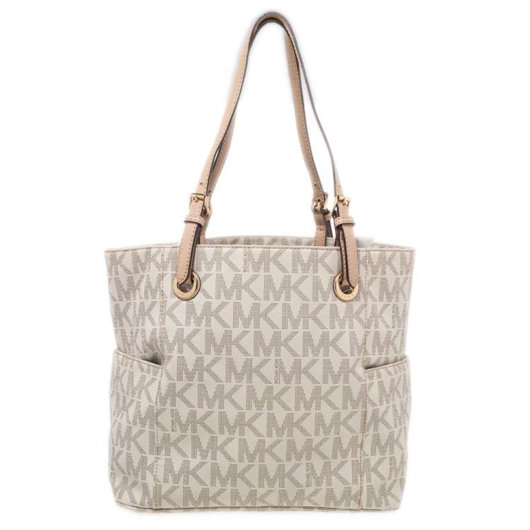 Pre Owned MICHAEL Michael Kors Beige Coated Canvas Jet Set Tote