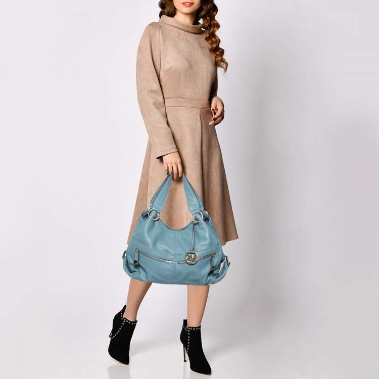 Pre Owned MICHAEL Michael Kors Stone Blue Leather Double Zip Hobo