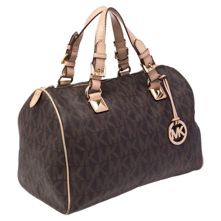 مملوكة مسبقًا MICHAEL Michael Kors Brown/Beige Signature Coated Canvas and Leather Grayson Boston Bag