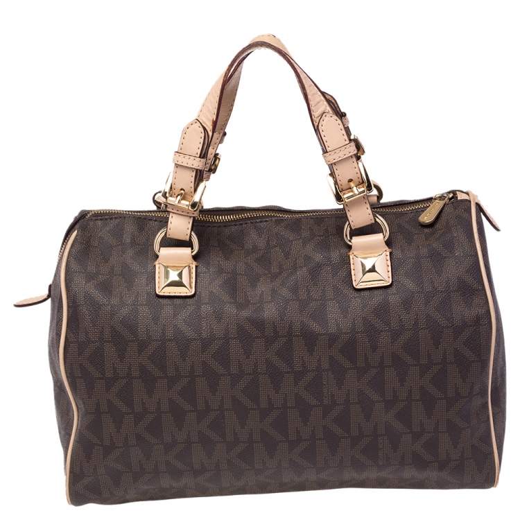 مملوكة مسبقًا MICHAEL Michael Kors Brown/Beige Signature Coated Canvas and Leather Grayson Boston Bag