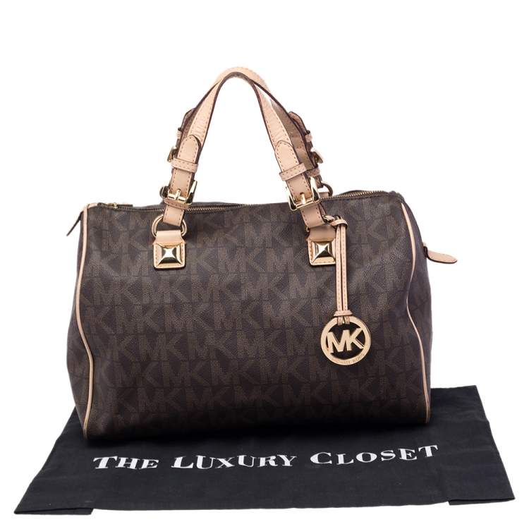 مملوكة مسبقًا MICHAEL Michael Kors Brown/Beige Signature Coated Canvas and Leather Grayson Boston Bag