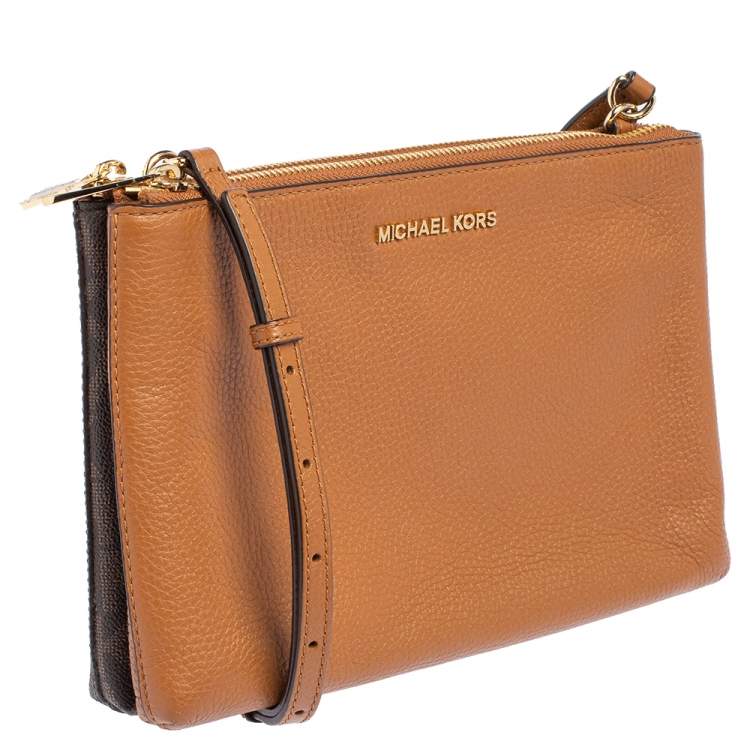 Pre Owned MICHAEL Michael Kors Brown Signature Coated Canvas and Leather Adele Double Zip Crossbody Bag