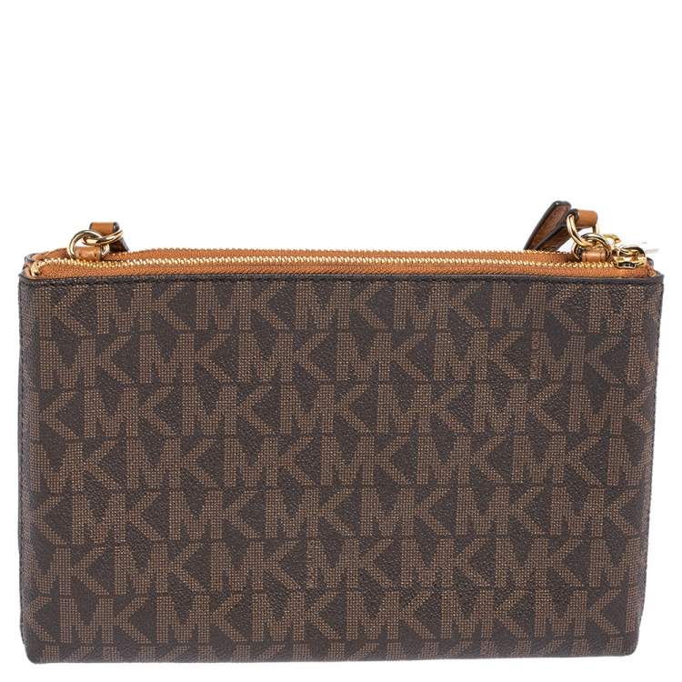 Pre Owned MICHAEL Michael Kors Brown Signature Coated Canvas and Leather Adele Double Zip Crossbody Bag
