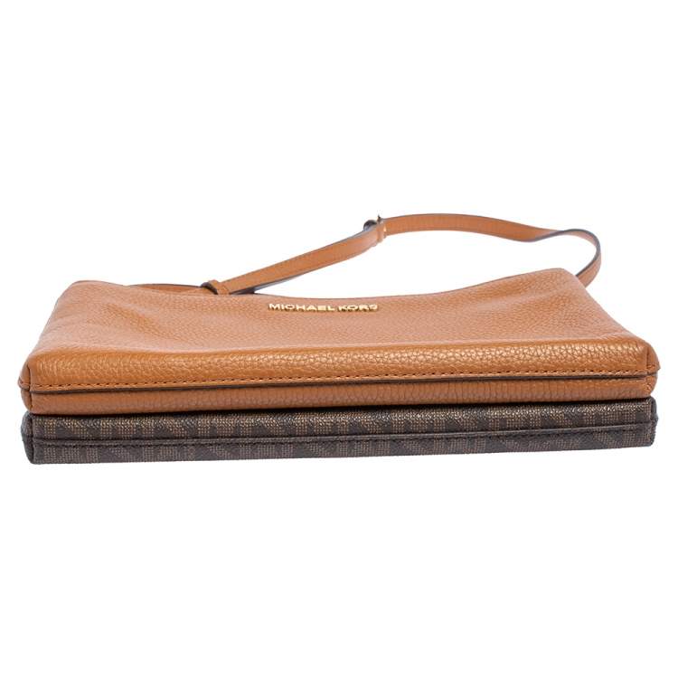 Pre Owned MICHAEL Michael Kors Brown Signature Coated Canvas and Leather Adele Double Zip Crossbody Bag