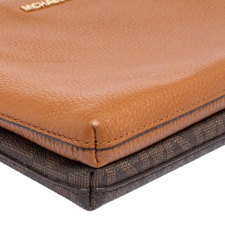 Pre Owned MICHAEL Michael Kors Brown Signature Coated Canvas and Leather Adele Double Zip Crossbody Bag