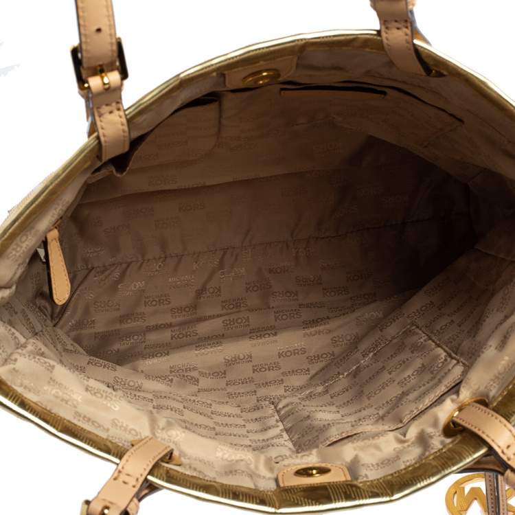 Pre Owned MICHAEL Michael Kors Gold Signature Mirrored Leather North South Tote
