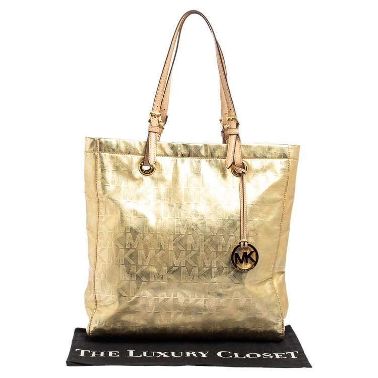 Pre Owned MICHAEL Michael Kors Gold Signature Mirrored Leather North South Tote