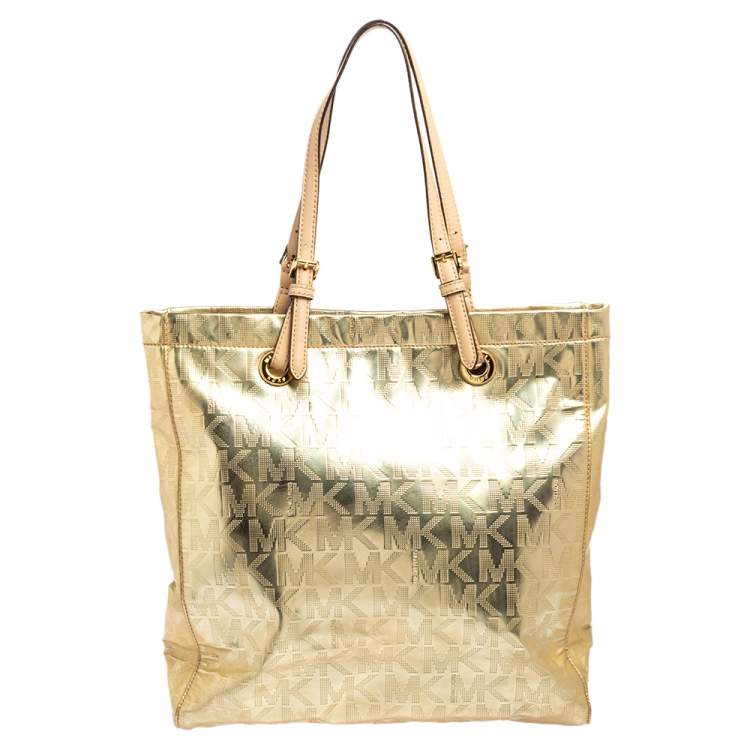 Pre Owned MICHAEL Michael Kors Gold Signature Mirrored Leather North South Tote
