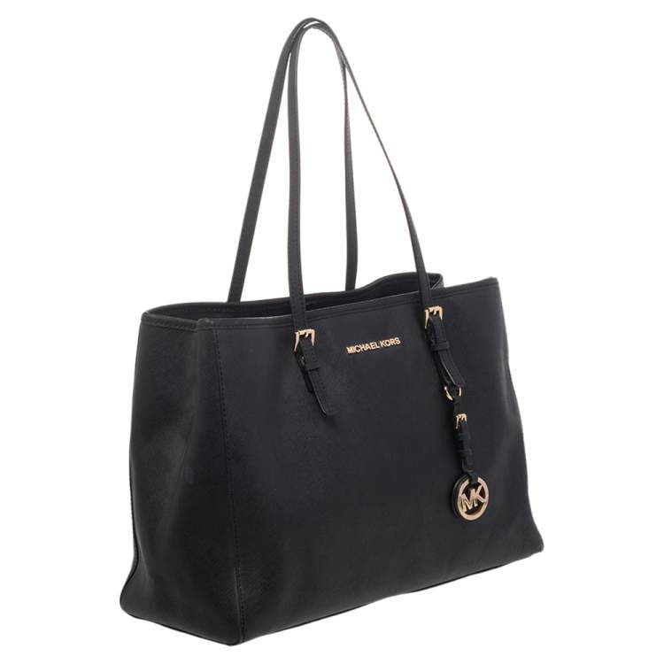 Pre Owned MICHAEL Michael Kors Black Saffiano Leather Medium Jet Set Travel Tote