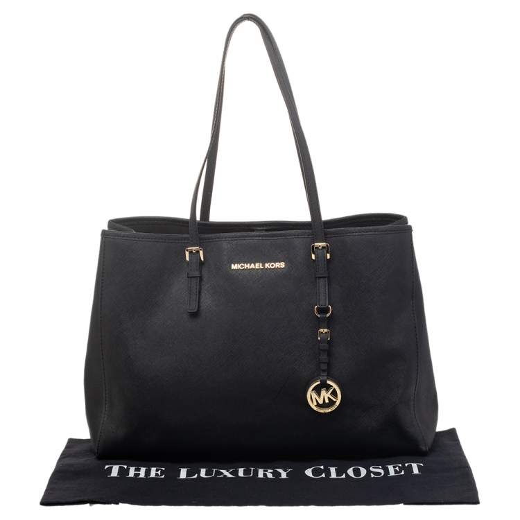 Pre Owned MICHAEL Michael Kors Black Saffiano Leather Medium Jet Set Travel Tote