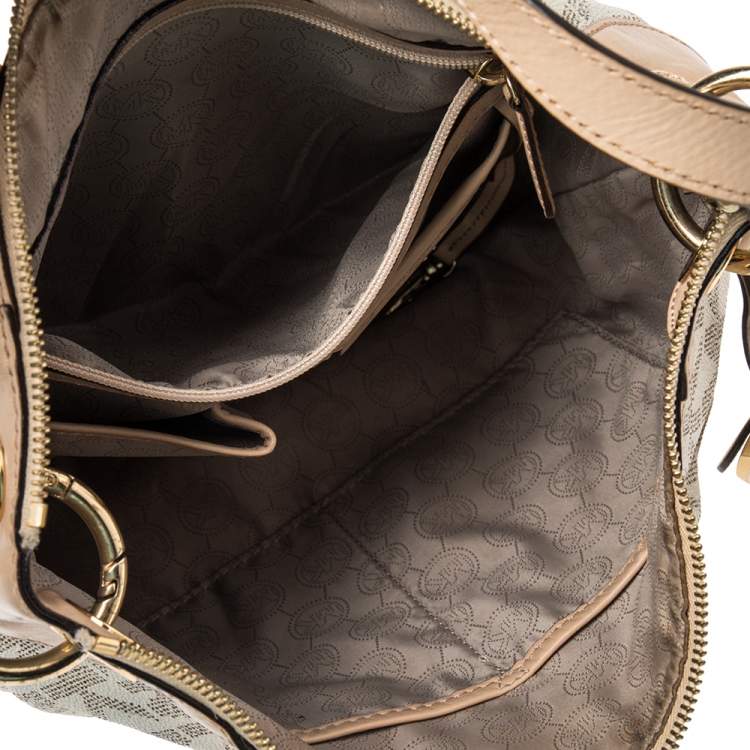 Pre Owned MICHAEL Michael Kors White/Beige Signature Coated Canvas and Leather Jet Set Hobo