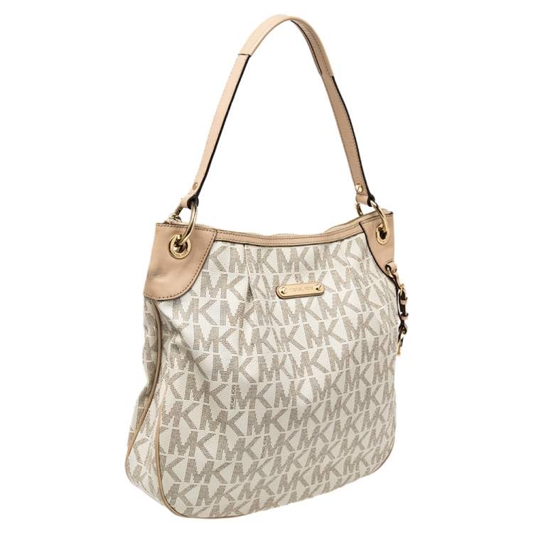 Pre Owned MICHAEL Michael Kors White/Beige Signature Coated Canvas and Leather Jet Set Hobo