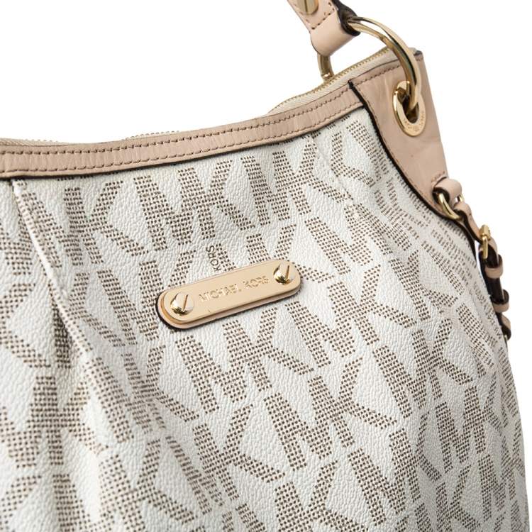 Pre Owned MICHAEL Michael Kors White/Beige Signature Coated Canvas and Leather Jet Set Hobo