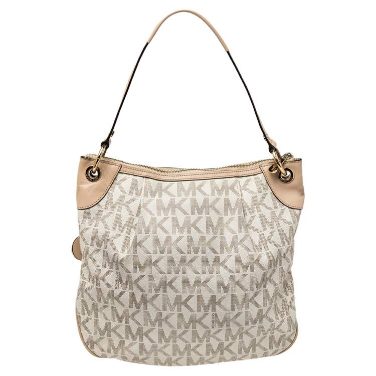 Pre Owned MICHAEL Michael Kors White/Beige Signature Coated Canvas and Leather Jet Set Hobo