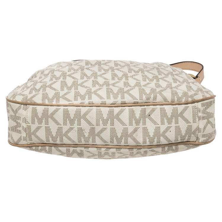 Pre Owned MICHAEL Michael Kors White/Beige Signature Coated Canvas and Leather Jet Set Hobo
