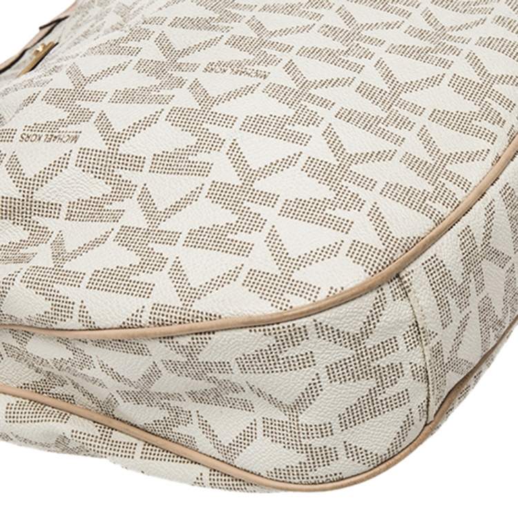 Pre Owned MICHAEL Michael Kors White/Beige Signature Coated Canvas and Leather Jet Set Hobo