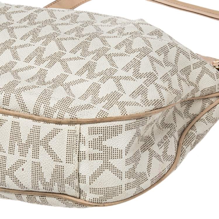 Pre Owned MICHAEL Michael Kors White/Beige Signature Coated Canvas and Leather Jet Set Hobo
