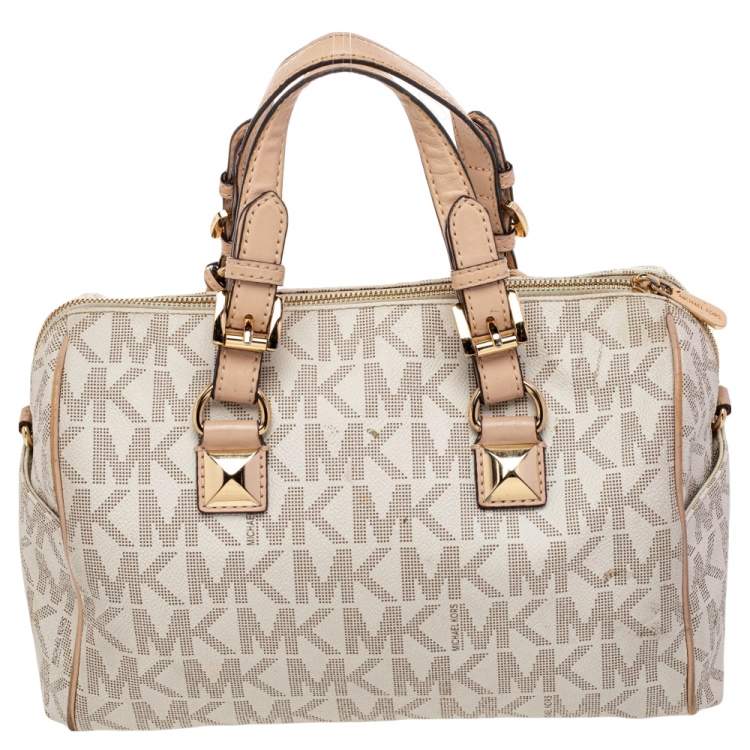 مملوكة مسبقًا MICHAEL Michael Kors White/Beige Coated Canvas And Leather Grayson Satchel