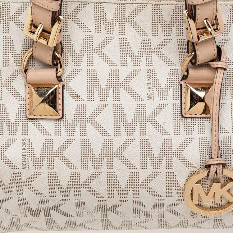 مملوكة مسبقًا MICHAEL Michael Kors White/Beige Coated Canvas And Leather Grayson Satchel