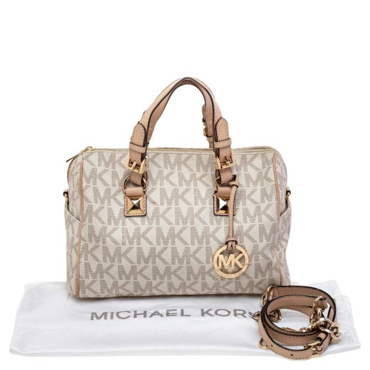 مملوكة مسبقًا MICHAEL Michael Kors White/Beige Coated Canvas And Leather Grayson Satchel