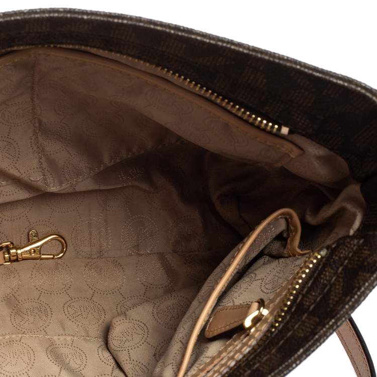 Pre Owned MICHAEL Michael Kors Brown/Beige Signature Coated Canvas and Leather Crossbody Bag