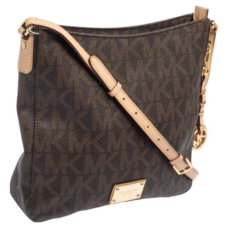 Pre Owned MICHAEL Michael Kors Brown/Beige Signature Coated Canvas and Leather Crossbody Bag
