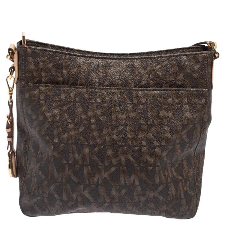 Pre Owned MICHAEL Michael Kors Brown/Beige Signature Coated Canvas and Leather Crossbody Bag