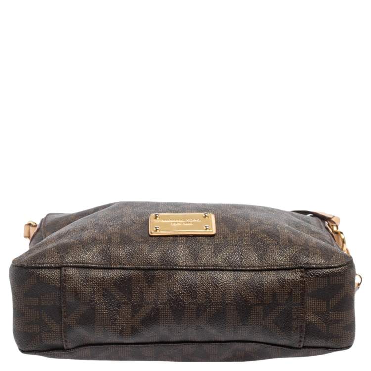 Pre Owned MICHAEL Michael Kors Brown/Beige Signature Coated Canvas and Leather Crossbody Bag