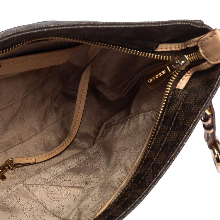 Pre Owned MICHAEL Michael Kors Brown/Beige Signature Coated Canvas and Leather Crossbody Bag