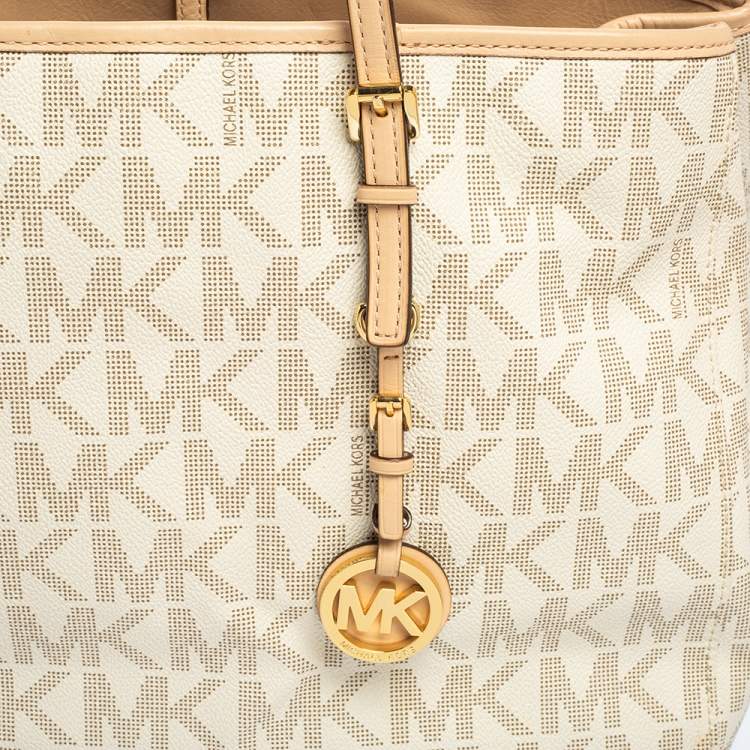 Pre Owned MICHAEL Michael Kors White Signature Coated Canvas And Leather Large Jet Set Tote