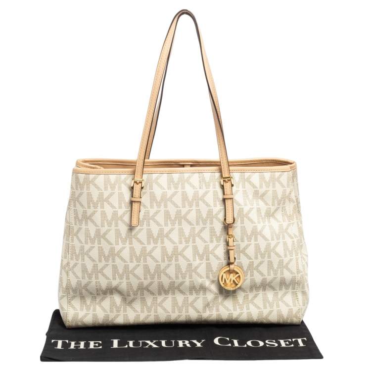 Pre Owned MICHAEL Michael Kors White Signature Coated Canvas And Leather Large Jet Set Tote