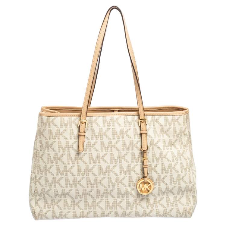 Pre Owned MICHAEL Michael Kors White Signature Coated Canvas And Leather Large Jet Set Tote