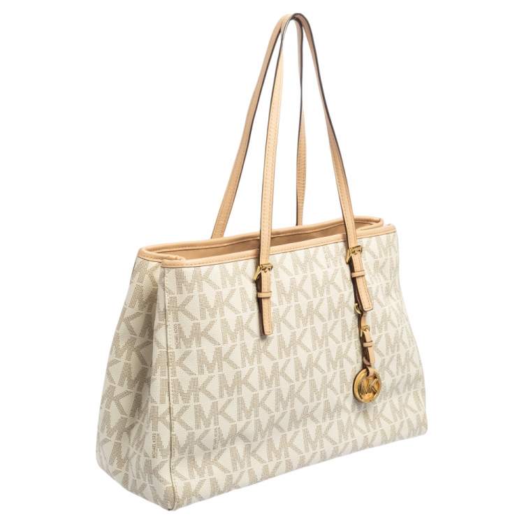 Pre Owned MICHAEL Michael Kors White Signature Coated Canvas And Leather Large Jet Set Tote