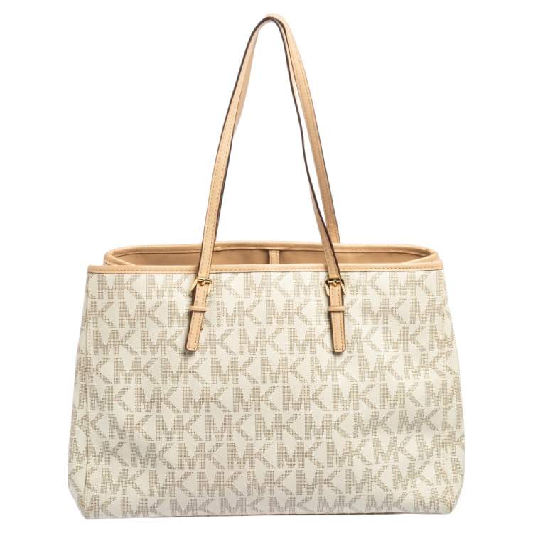 Pre Owned MICHAEL Michael Kors White Signature Coated Canvas And Leather Large Jet Set Tote