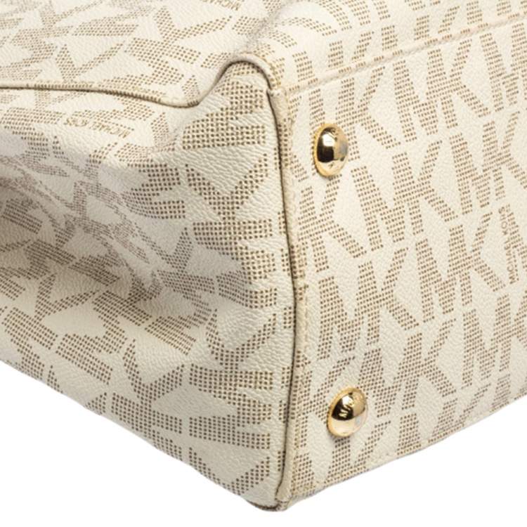 Pre Owned MICHAEL Michael Kors White Signature Coated Canvas And Leather Large Jet Set Tote