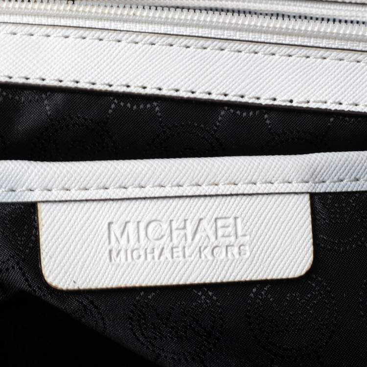 Pre Owned MICHAEL Michael Kors White/Black Leather Large Jet Set Travel Tote