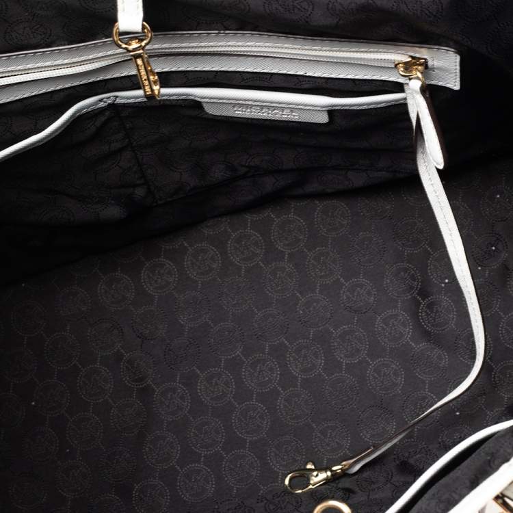 Pre Owned MICHAEL Michael Kors White/Black Leather Large Jet Set Travel Tote