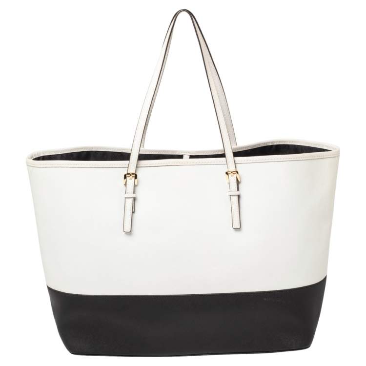 Pre Owned MICHAEL Michael Kors White/Black Leather Large Jet Set Travel Tote