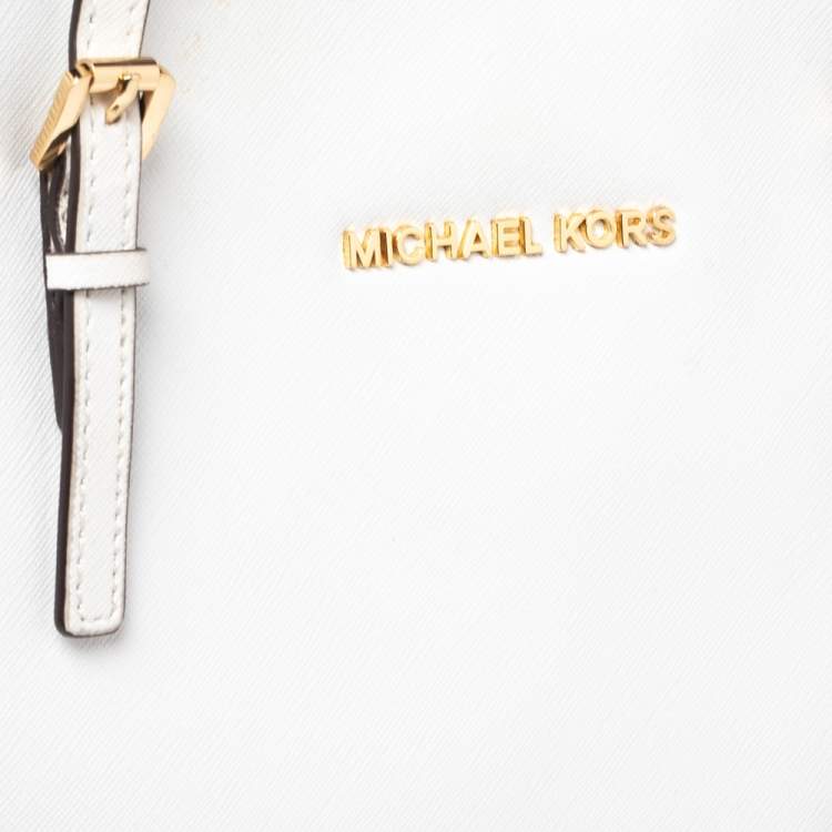 Pre Owned MICHAEL Michael Kors White/Black Leather Large Jet Set Travel Tote