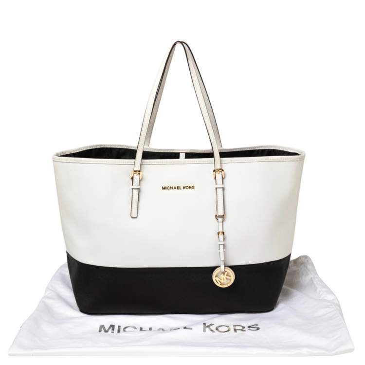 Pre Owned MICHAEL Michael Kors White/Black Leather Large Jet Set Travel Tote
