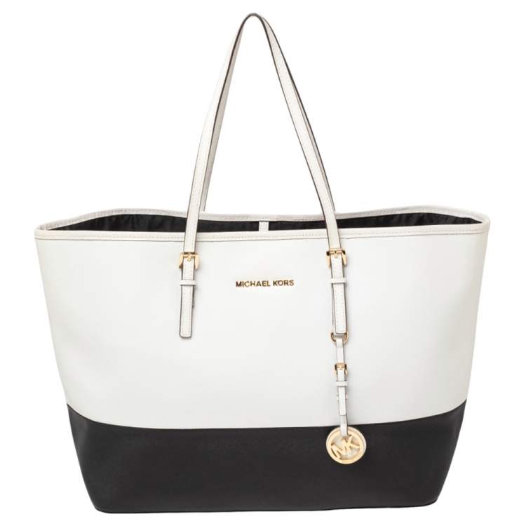 Pre Owned MICHAEL Michael Kors White/Black Leather Large Jet Set Travel Tote