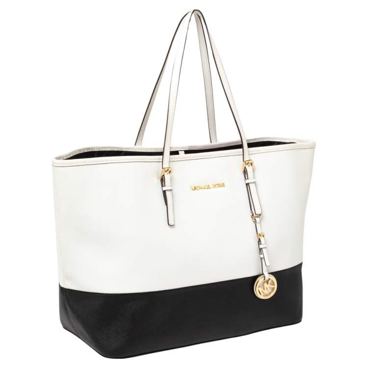 Pre Owned MICHAEL Michael Kors White/Black Leather Large Jet Set Travel Tote