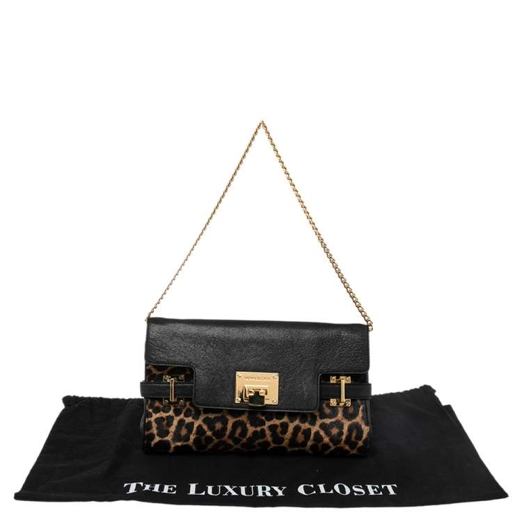 Pre Owned MICHAEL Michael Kors Brown/Black Leopard Print Calf Hair and Leather Chain Clutch