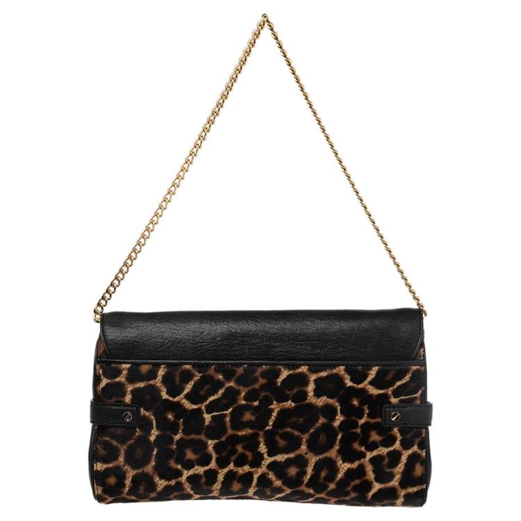 Pre Owned MICHAEL Michael Kors Brown/Black Leopard Print Calf Hair and Leather Chain Clutch