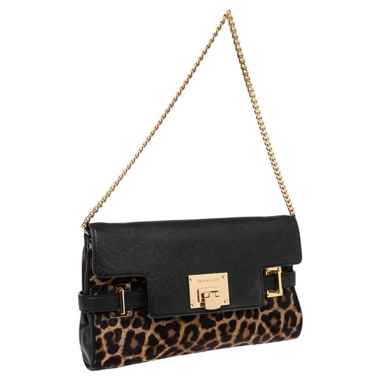 Pre Owned MICHAEL Michael Kors Brown/Black Leopard Print Calf Hair and Leather Chain Clutch