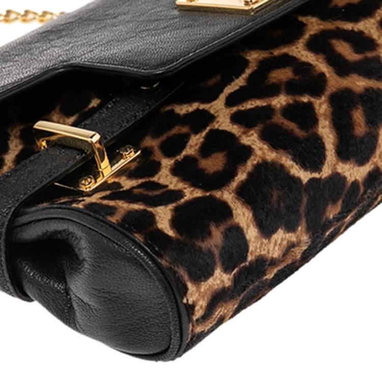 Pre Owned MICHAEL Michael Kors Brown/Black Leopard Print Calf Hair and Leather Chain Clutch