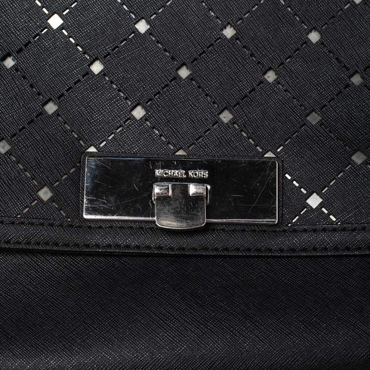 Pre Owned MICHAEL Michael Kors Black Perforated Leather Callie Top Handle Bag   