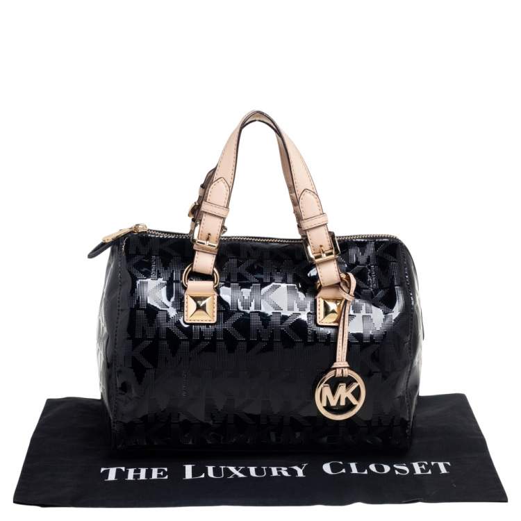 Pre Owned MICHAEL Michael Kors Black Signature Patent and Leather Grayson Satchel