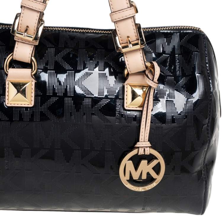 Pre Owned MICHAEL Michael Kors Black Signature Patent and Leather Grayson Satchel